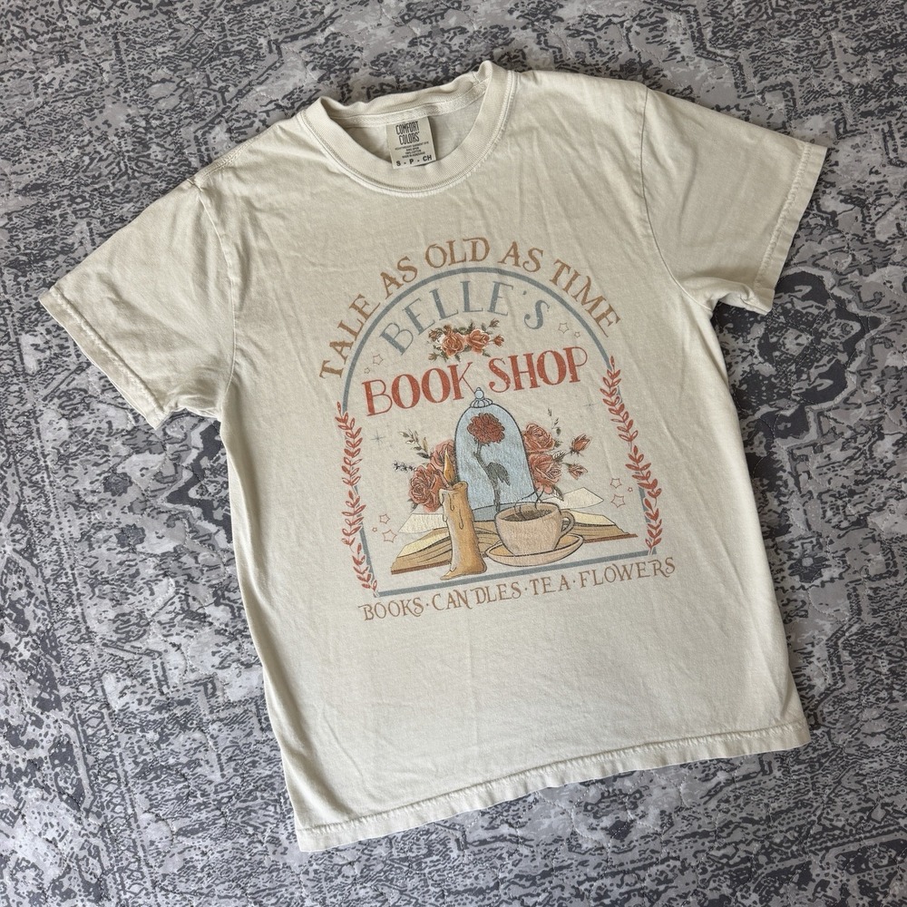 Belle's Book Shop Graphic Tee sz Small S Neutral Beige Tan Beauty and the Beast